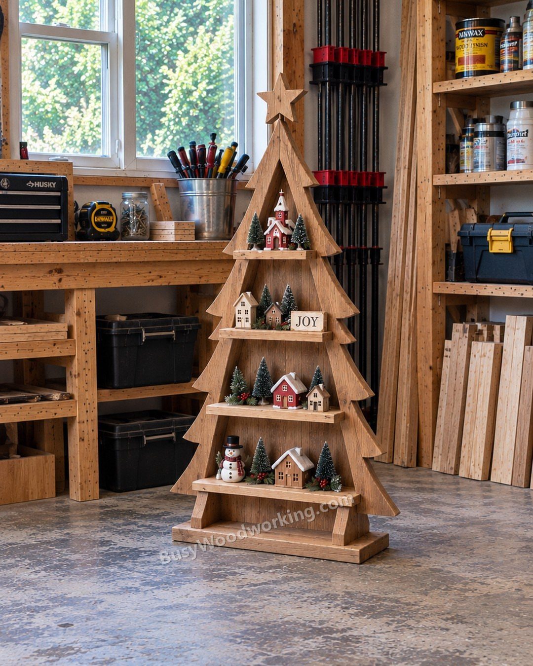 Christmas Tree Shelf: 6 Ideas from 2x4 Builds to Live Edge 1 A wooden Christmas tree shaped shelf displaying miniature holiday village houses and decorations.