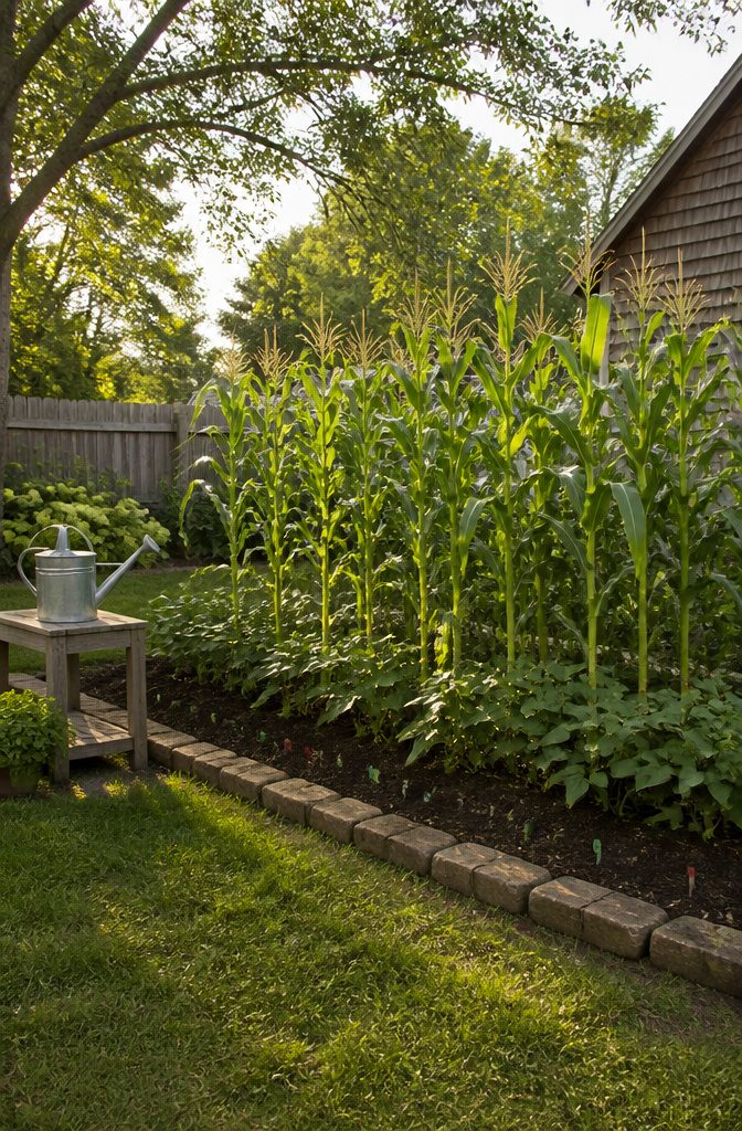 Companion Planting Chart: How to Pair Vegetables, Herbs and Flowers 3 Tall corn plants with green bean vines climbing them.