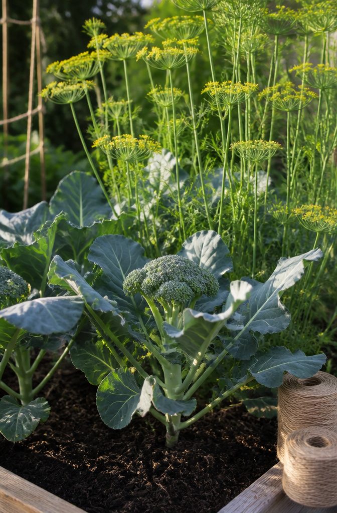 Companion Planting Chart: How to Pair Vegetables, Herbs and Flowers 8 Broccoli plants growing alongside tall dill with feathery leaves.