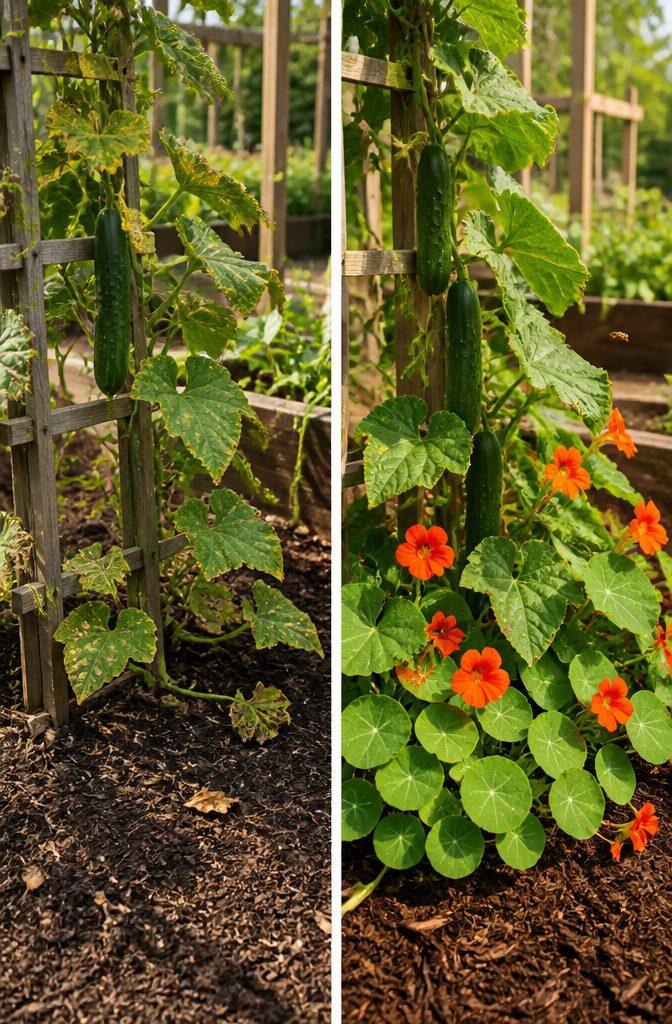 Companion Planting Chart: How to Pair Vegetables, Herbs and Flowers 2 Cucumber vines with bright orange nasturtium flowers nearby.