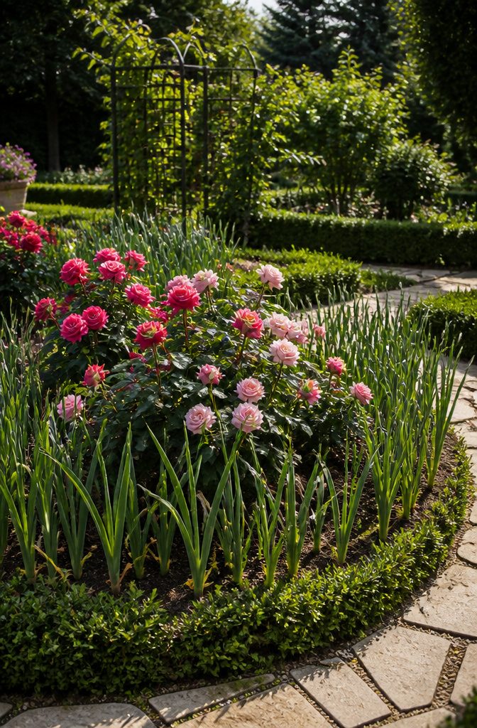 Companion Planting Chart: How to Pair Vegetables, Herbs and Flowers 11 Flowering rose bushes with garlic planted nearby.