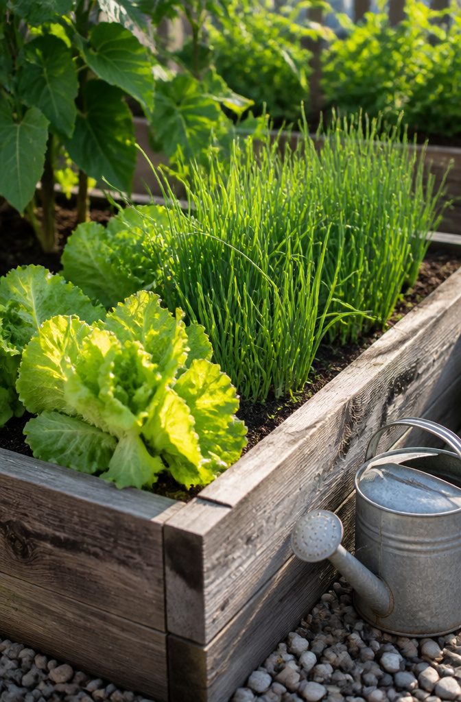 Companion Planting Chart: How to Pair Vegetables, Herbs and Flowers 7 Lettuce heads growing next to clumps of chives in a raised bed.