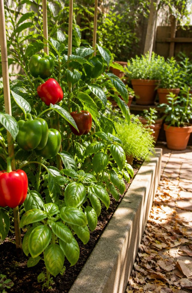 Companion Planting Chart: How to Pair Vegetables, Herbs and Flowers 5 Bell pepper plants surrounded by lush green basil.