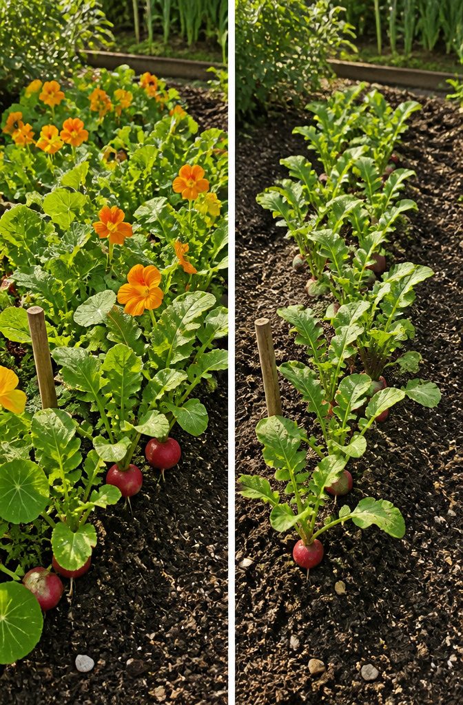 Companion Planting Chart: How to Pair Vegetables, Herbs and Flowers 9 Radish plants with nasturtium flowers growing nearby.