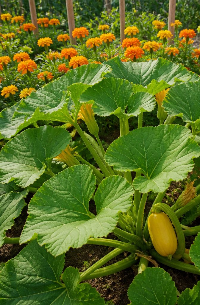Companion Planting Chart: How to Pair Vegetables, Herbs and Flowers 6 Squash plants with bright yellow marigolds planted around them.