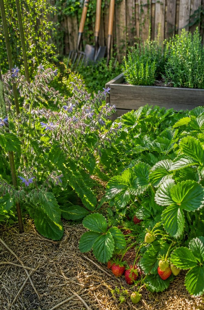 Companion Planting Chart: How to Pair Vegetables, Herbs and Flowers 10 Strawberry plants with blue borage flowers growing around them.