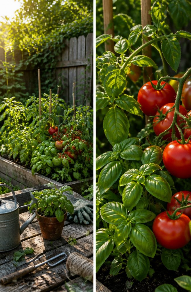 Companion Planting Chart: How to Pair Vegetables, Herbs and Flowers 1 Tomato plants with green leaves and basil growing nearby.