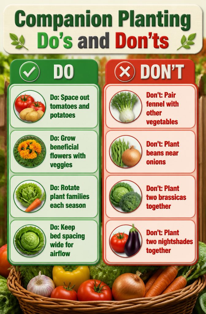 Companion Planting Chart: How to Pair Vegetables, Herbs and Flowers 13 A graphic listing companion planting do's and don'ts.