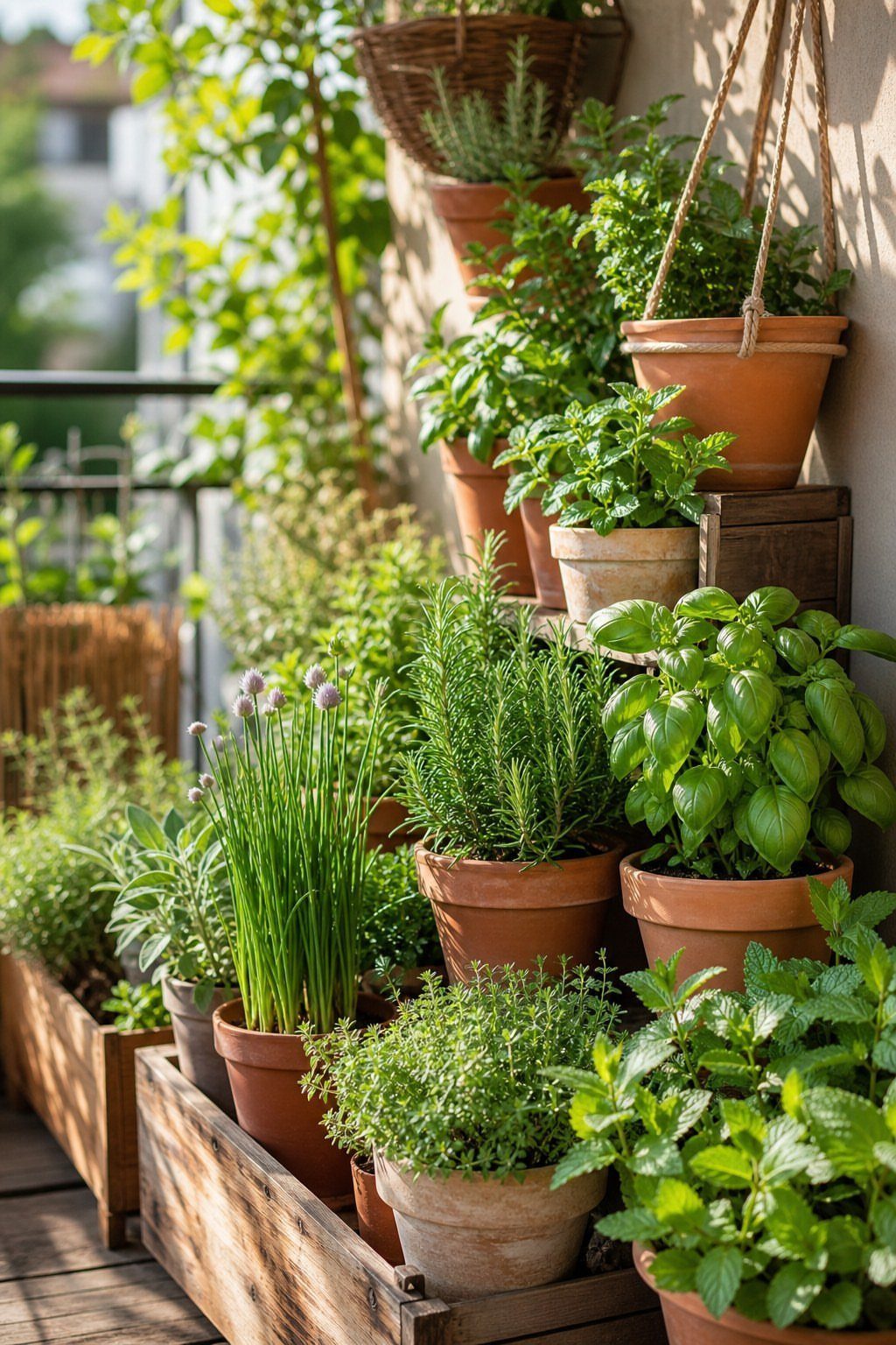 Various potted green herbs arranged on a wooden balcony floor and hanging from a wall.