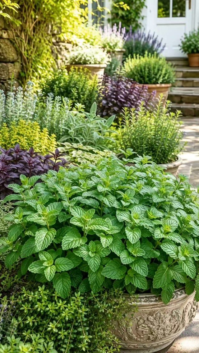 Lush green mint and purple herbs growing in decorative stone pots in a garden corner.