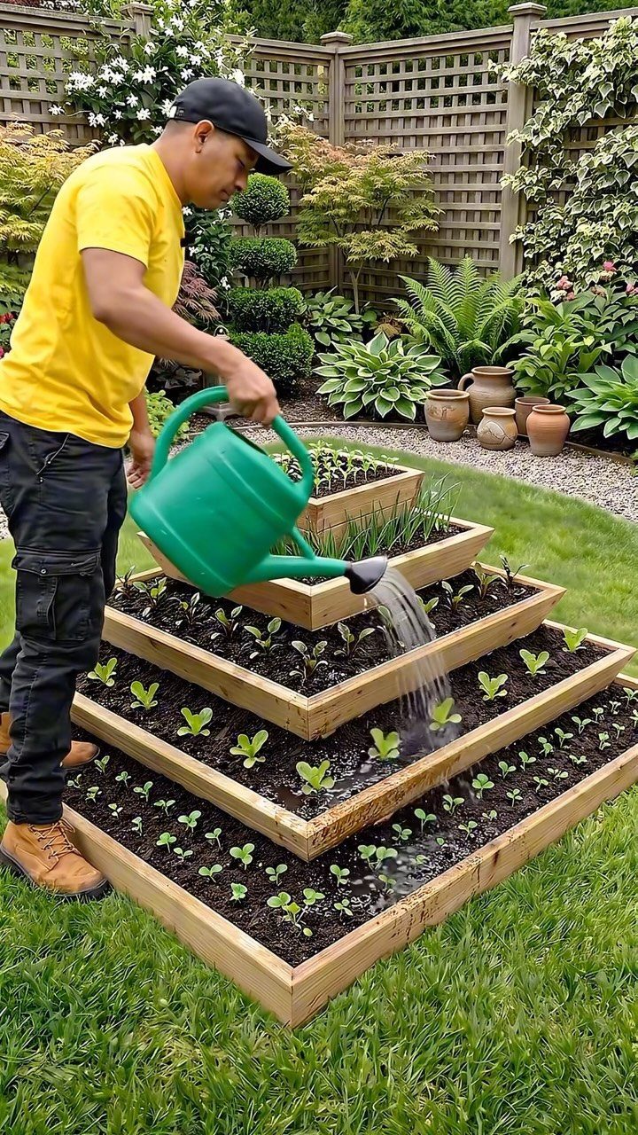 A man watering small green seedlings in tiered wooden raised garden beds on a lawn.