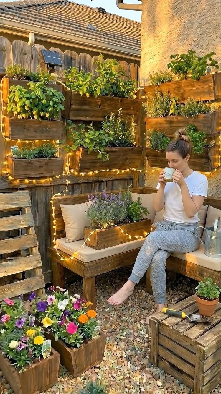 A woman relaxes on a wooden bench amidst several wooden herb planter boxes mounted on a fence.