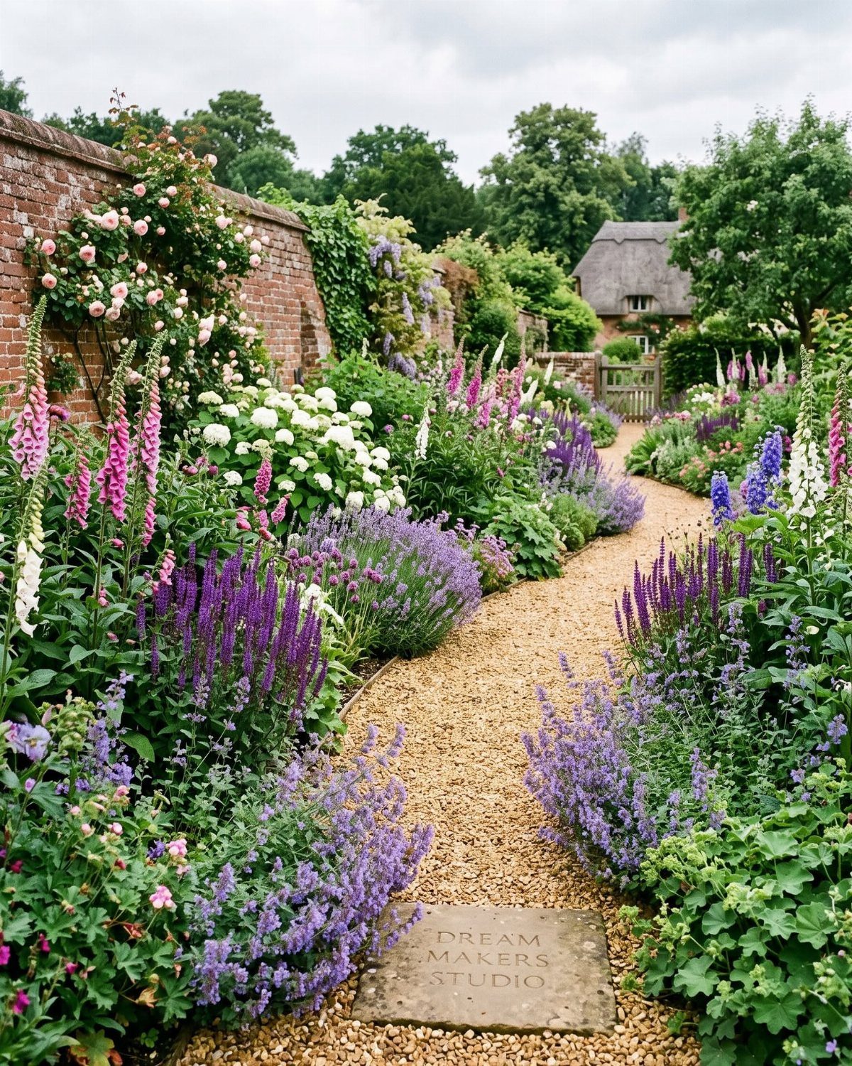 9 Cottage Garden Design Ideas for a Grown-In Look 5 A winding gravel path through a colorful cottage garden with blooming purple and pink flowers.
