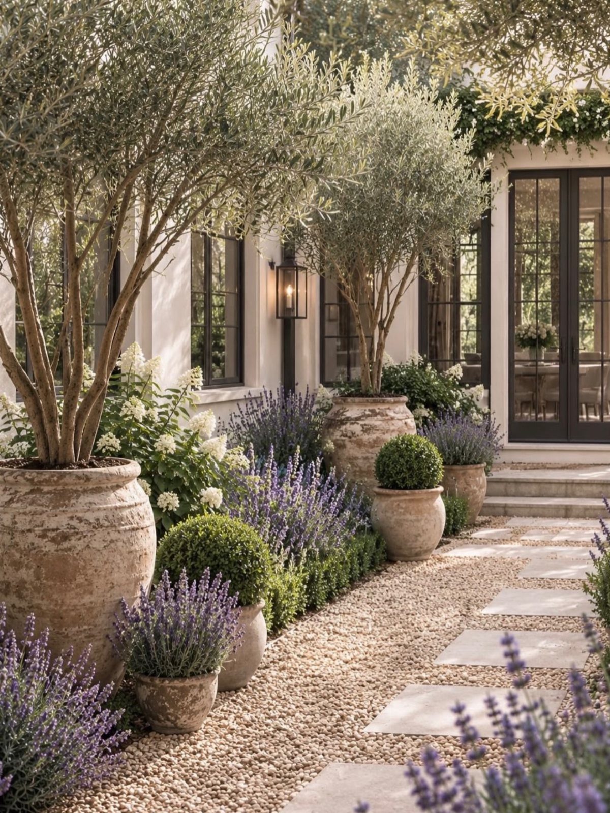 9 Cottage Garden Design Ideas for a Grown-In Look 6 Gravel walkway with stone pavers lined by lavender and large terracotta planters containing olive trees.