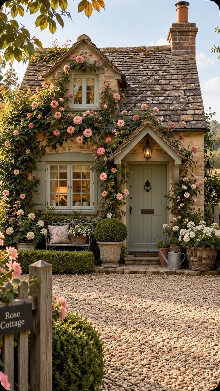 9 Cottage Garden Design Ideas for a Grown-In Look 9 A stone cottage covered in climbing pink roses with a gravel path leading to the front door.