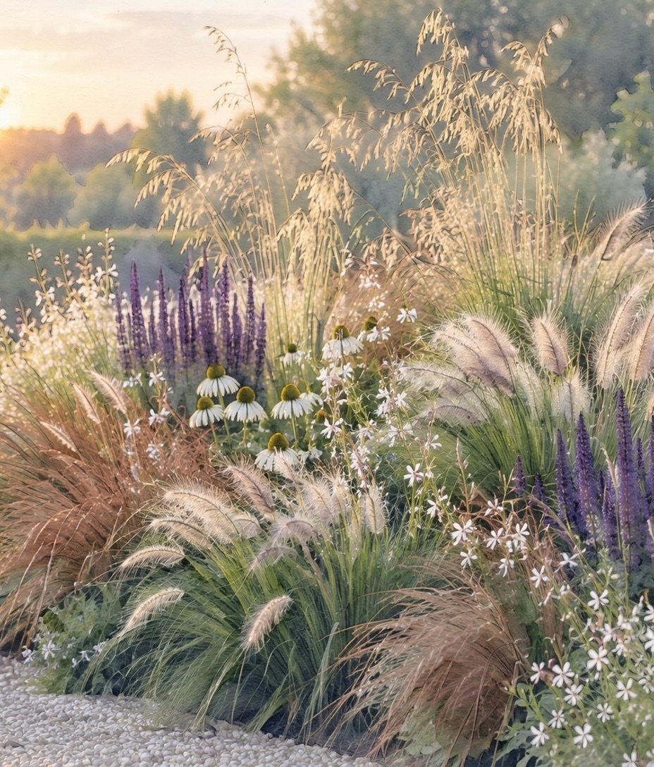 9 Cottage Garden Design Ideas for a Grown-In Look 1 Tall ornamental grasses and purple flowers layered with white coneflowers in a sunlit garden bed.