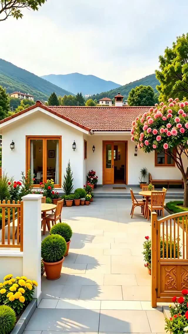 9 Cottage Garden Design Ideas for a Grown-In Look 3 A stone patio with wooden dining sets and potted plants in front of a white cottage.