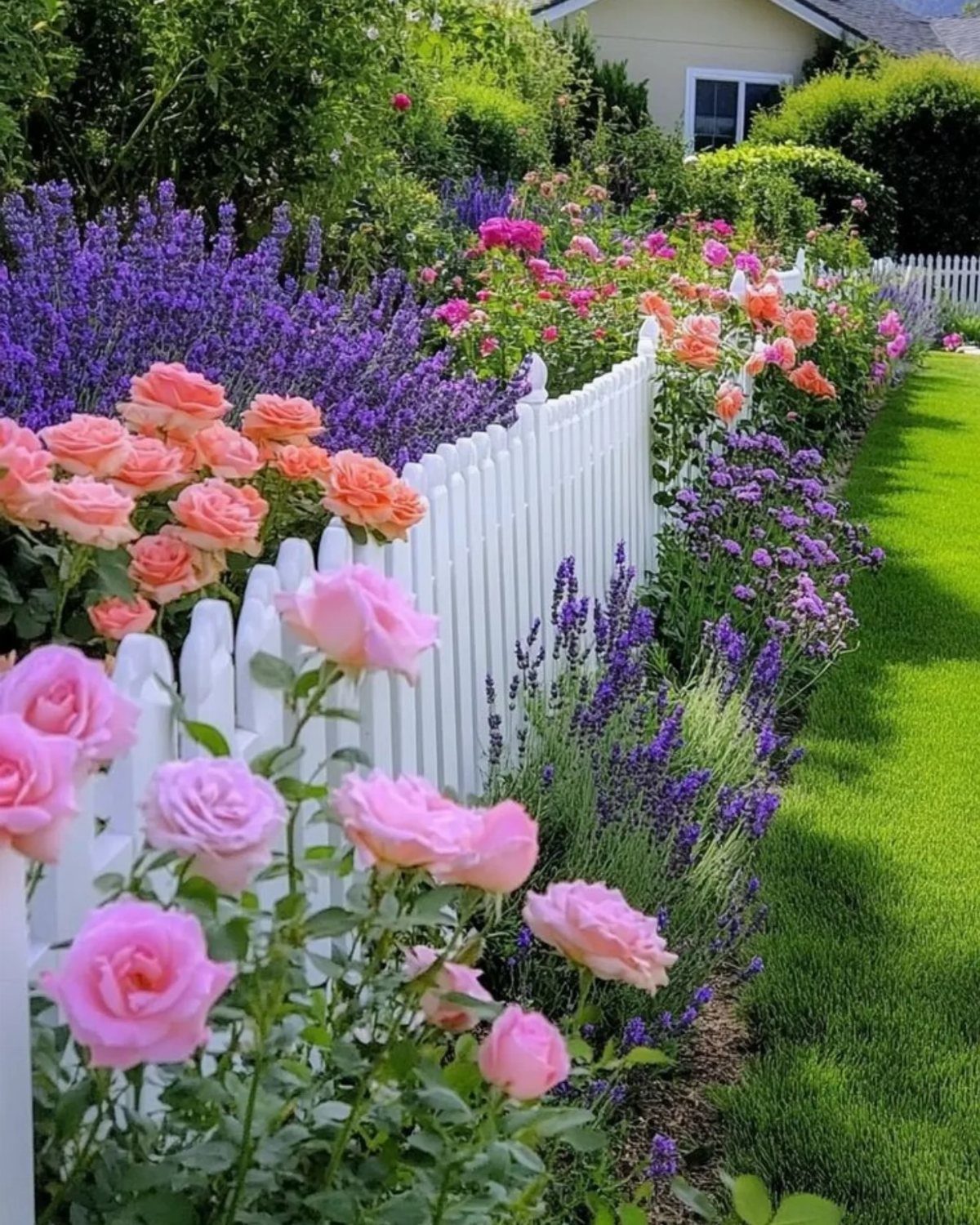 9 Cottage Garden Design Ideas for a Grown-In Look 2 Pink roses and purple lavender flowers blooming along a white picket fence in a lush garden.