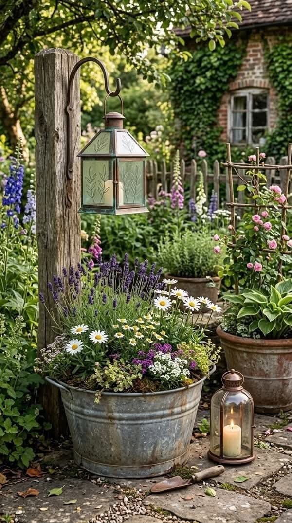 9 Cottage Garden Design Ideas for a Grown-In Look 8 A galvanized metal tub filled with lavender and daisies sits next to a wooden post and lantern.