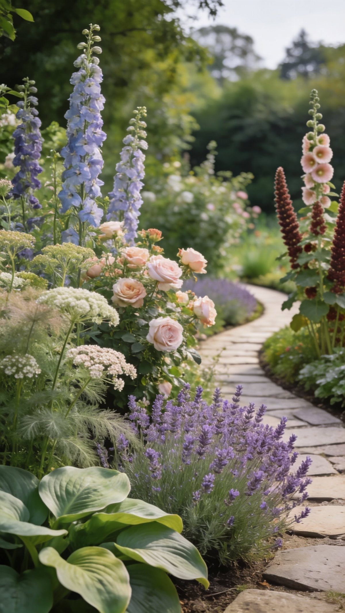 9 Cottage Garden Design Ideas for a Grown-In Look 4 A winding natural stone path curves through a blooming cottage garden with roses and delphiniums.