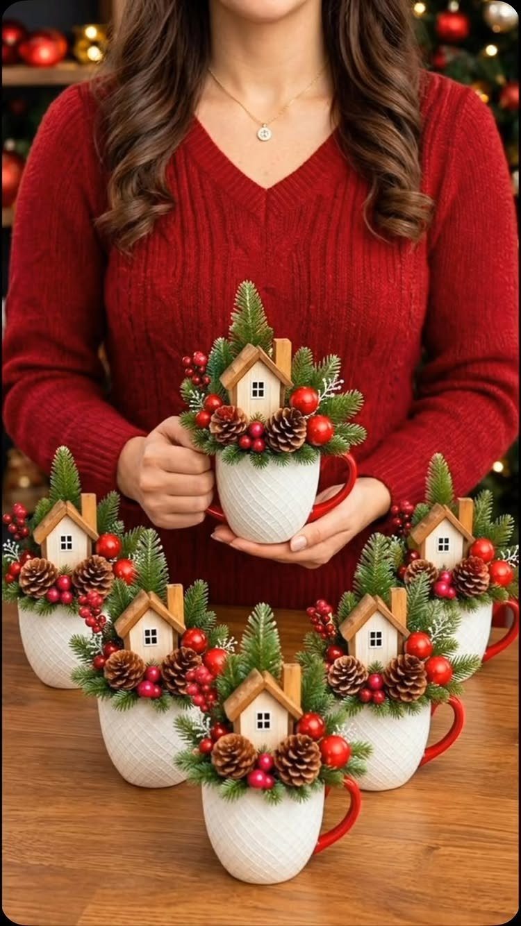 A person holding a white mug decorated with a tiny wooden house and festive greenery.
