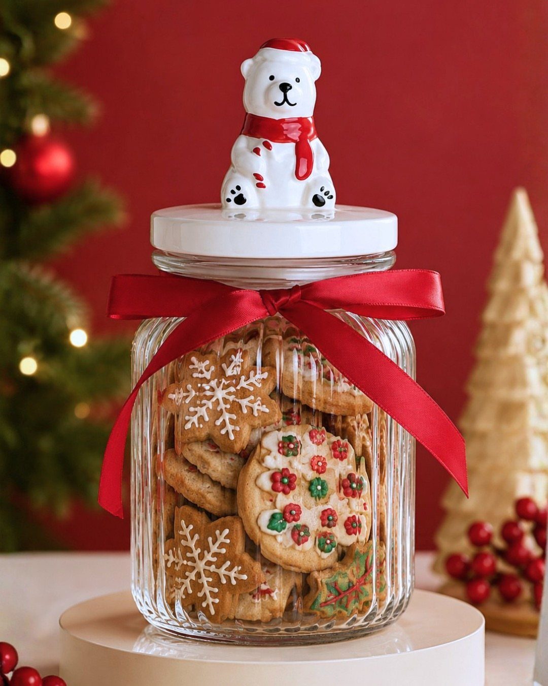 A glass jar filled with festive Christmas cookies, topped with a polar bear figurine and red ribbon.