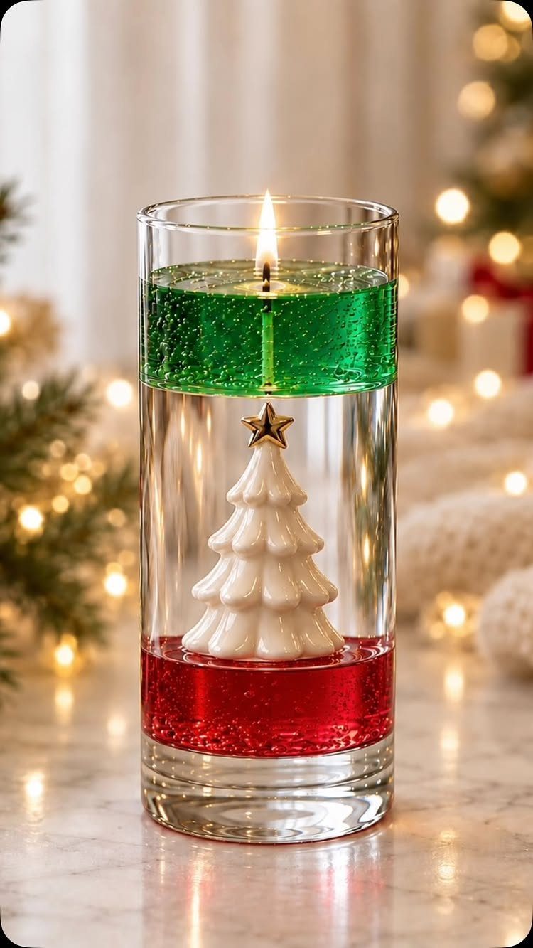 A lit decorative Christmas candle with a white tree shape inside a glass cylinder.
