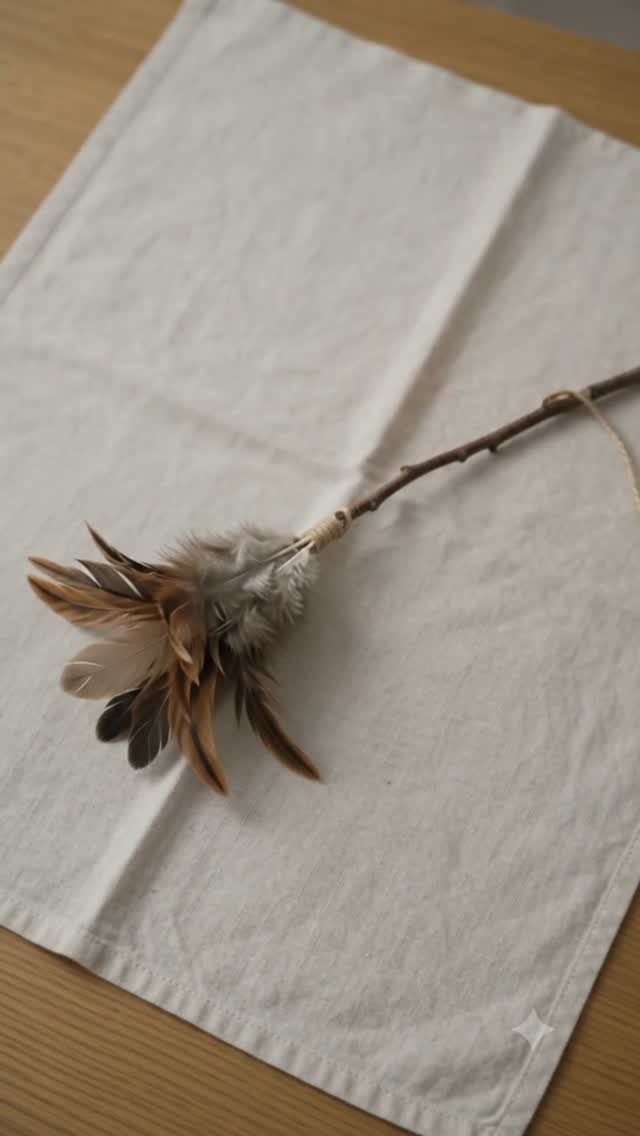 A feather wand toy with brown feathers attached to a thin wooden stick on white linen.