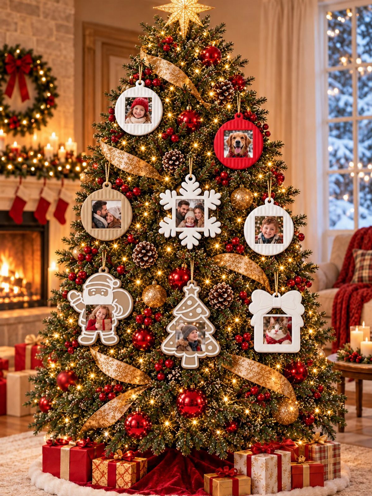Christmas tree decorated with personalized photo ornaments featuring people and pets.