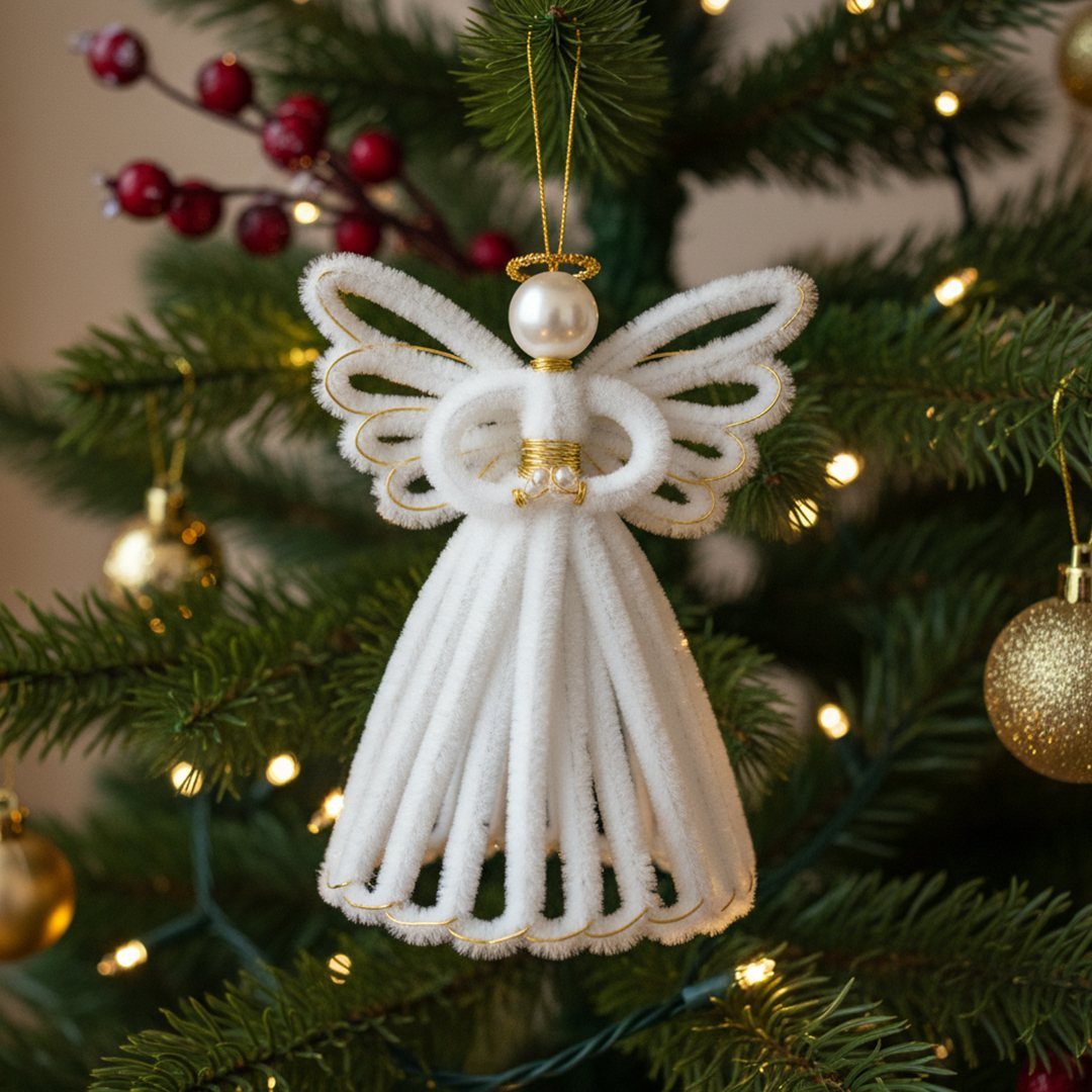 White pipe cleaner angel ornament with a pearl head hanging on a Christmas tree.