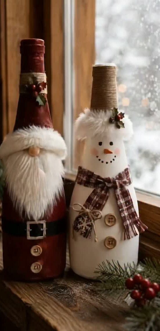 Two wine bottles decorated as a Santa Claus and a snowman sitting on a wooden windowsill.