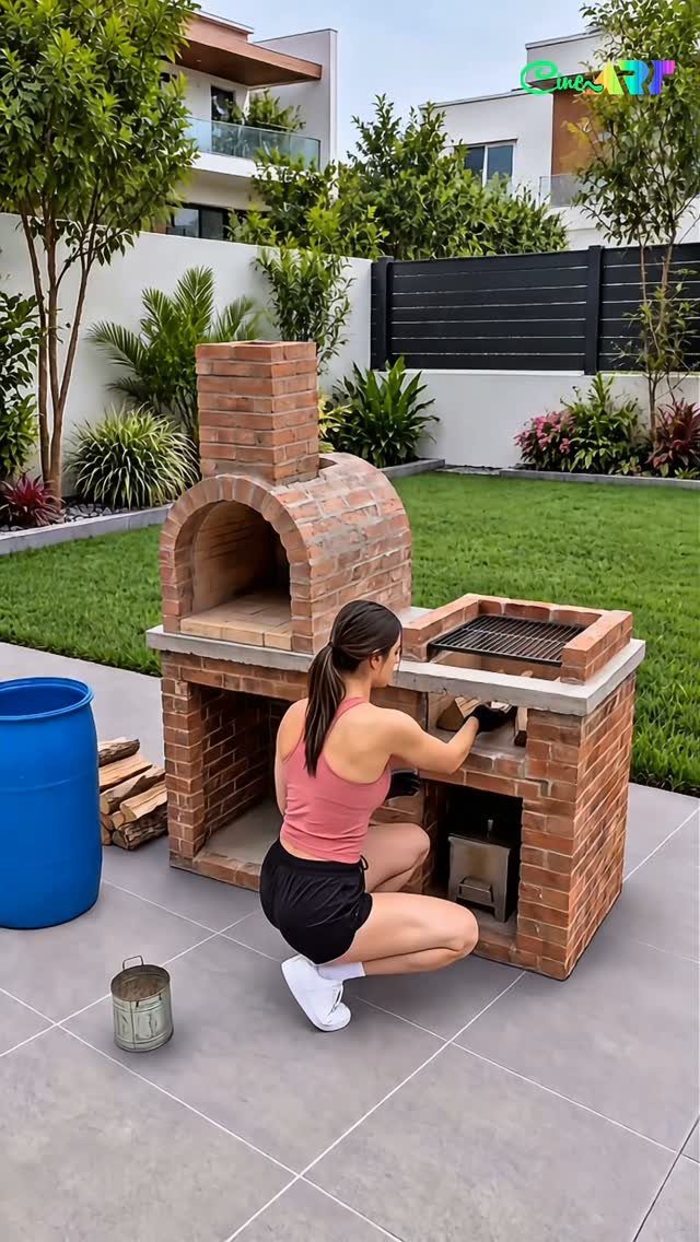A woman kneels next to a large, handmade outdoor brick pizza oven and grill setup.