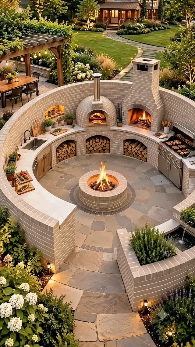A curved brick outdoor kitchen featuring a built-in pizza oven, fireplace, and central fire pit.
