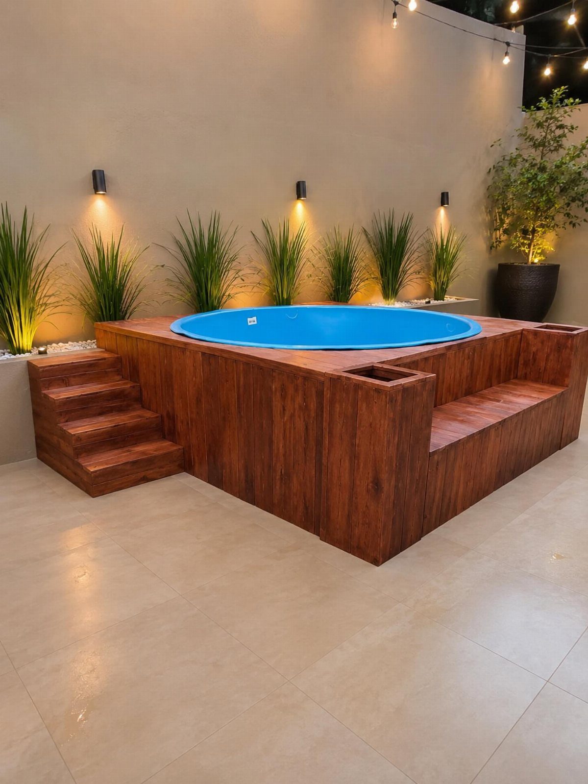 Decks de Madeira: 7 Ideas for Outdoor Living Spaces 4 A dark wood deck structure surrounding a blue circular pool with integrated steps and seating.