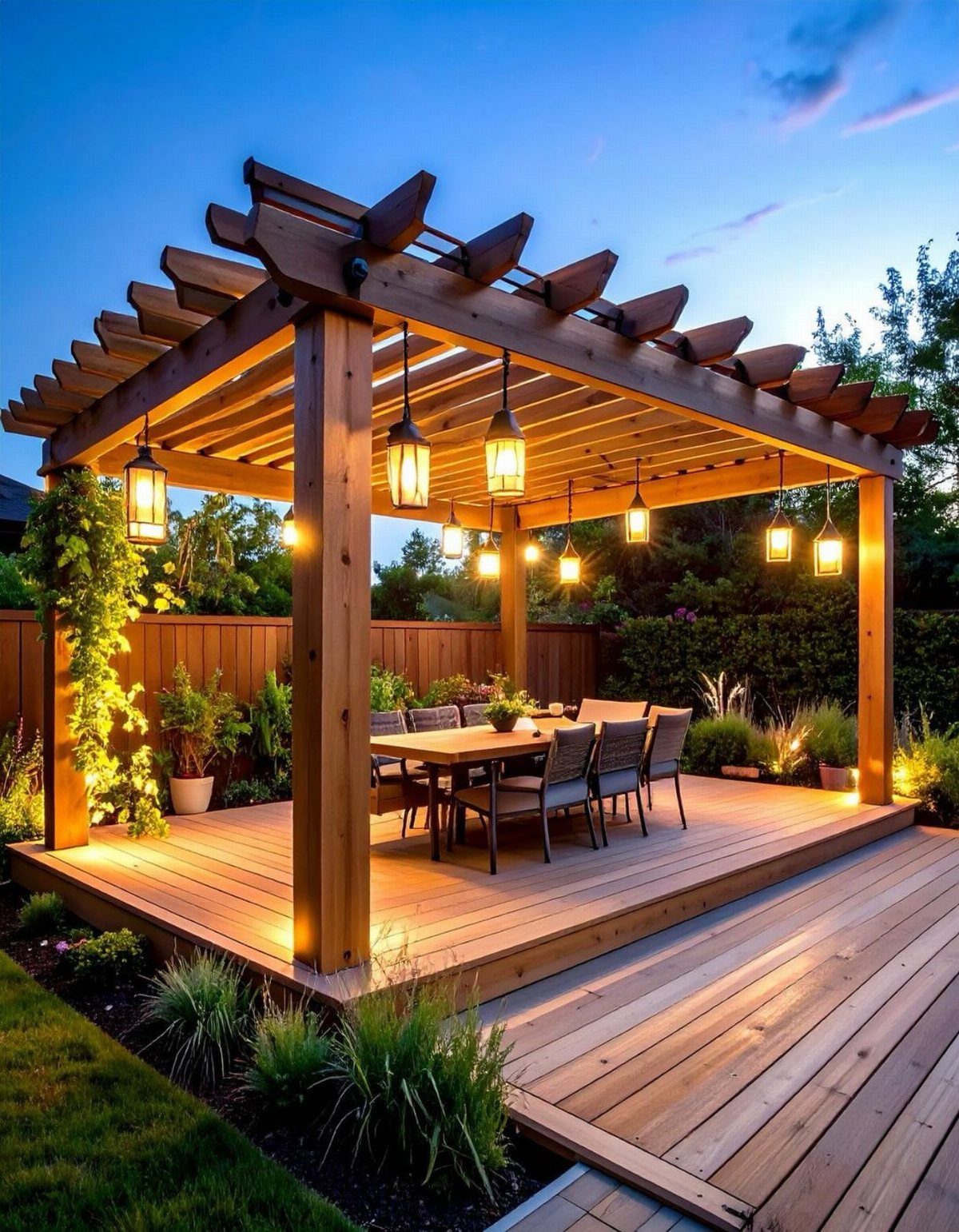 Decks de Madeira: 7 Ideas for Outdoor Living Spaces 6 A wooden outdoor deck with a pergola, dining set, and hanging lanterns at dusk.