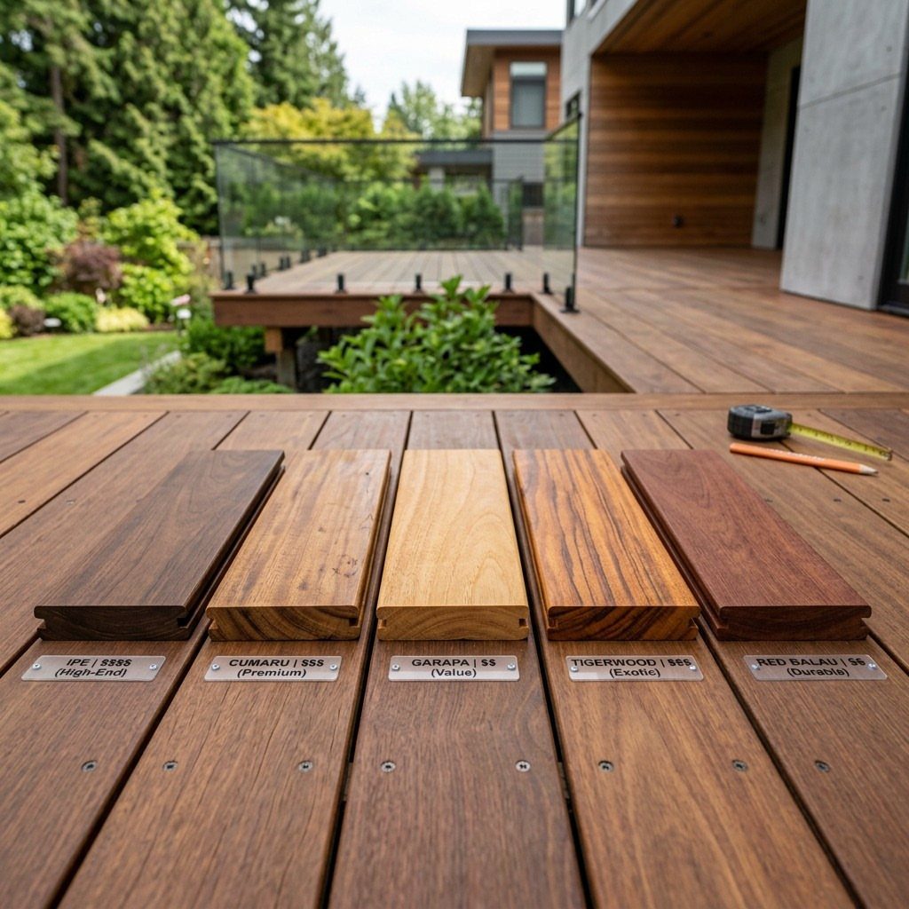 Decks de Madeira: 7 Ideas for Outdoor Living Spaces 1 Five different wooden planks with labels showing various wood types on a deck surface.