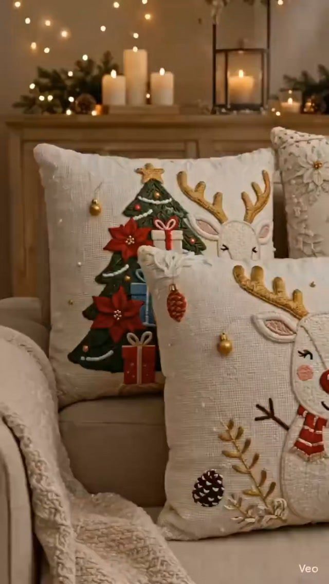 Decorating for Christmas: 12 Ideas That Work in Real Rooms 7 Embroidered Christmas pillows with reindeer and trees resting on a sofa with a cozy throw.