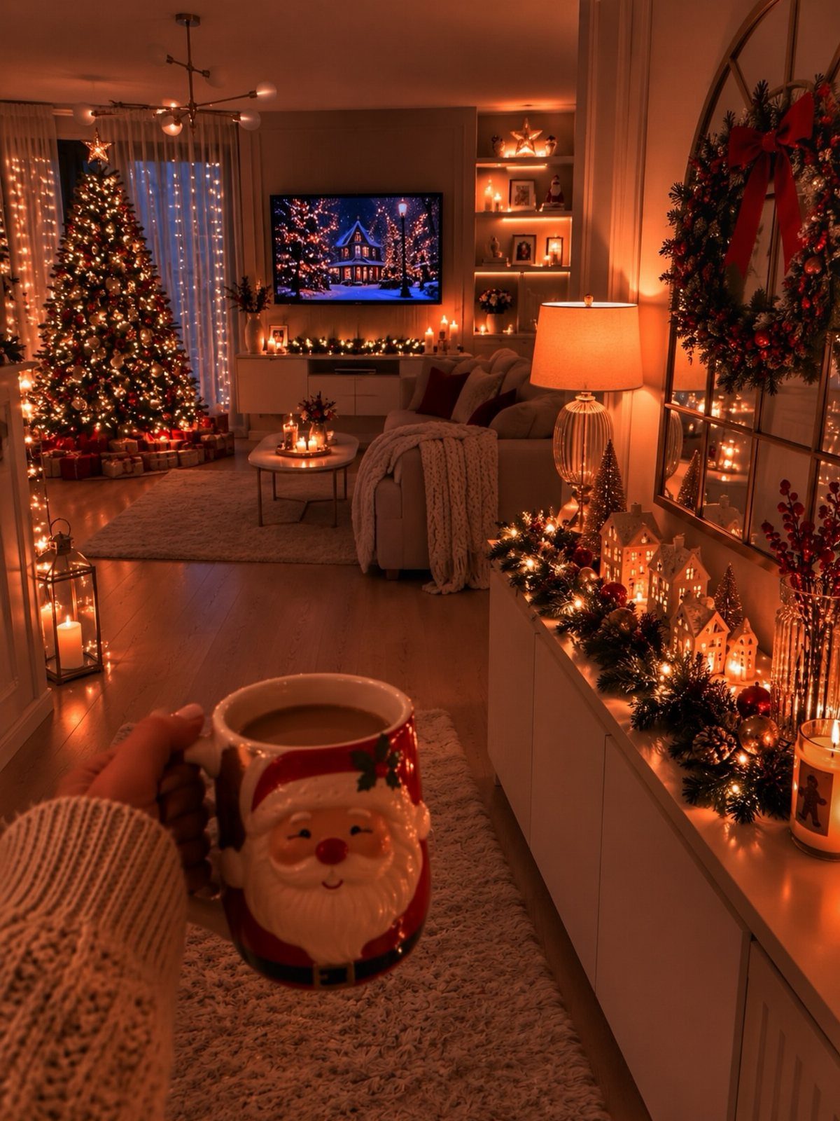 Decorating for Christmas: 12 Ideas That Work in Real Rooms 9 A person holds a Santa Claus mug in a warm, dimly lit living room with a Christmas tree.