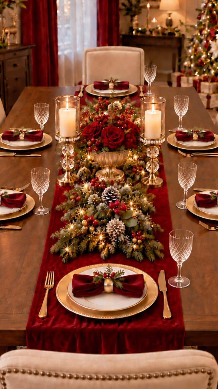 Decorating for Christmas: 12 Ideas That Work in Real Rooms 2 A festive dining table set with red velvet runner, greenery, roses, and lit candles.