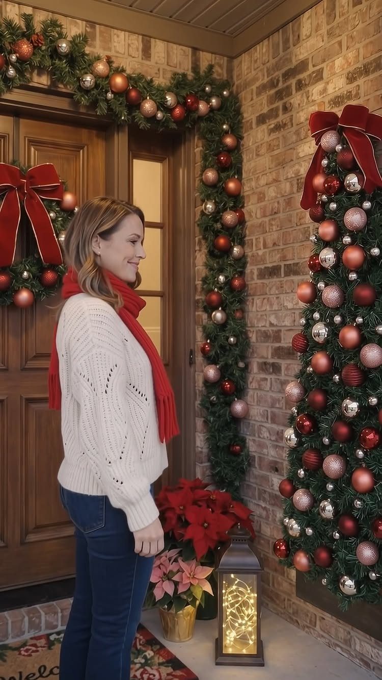 Decorating for Christmas: 12 Ideas That Work in Real Rooms 12 Woman standing on a porch decorated with festive evergreen garlands and red ornaments.