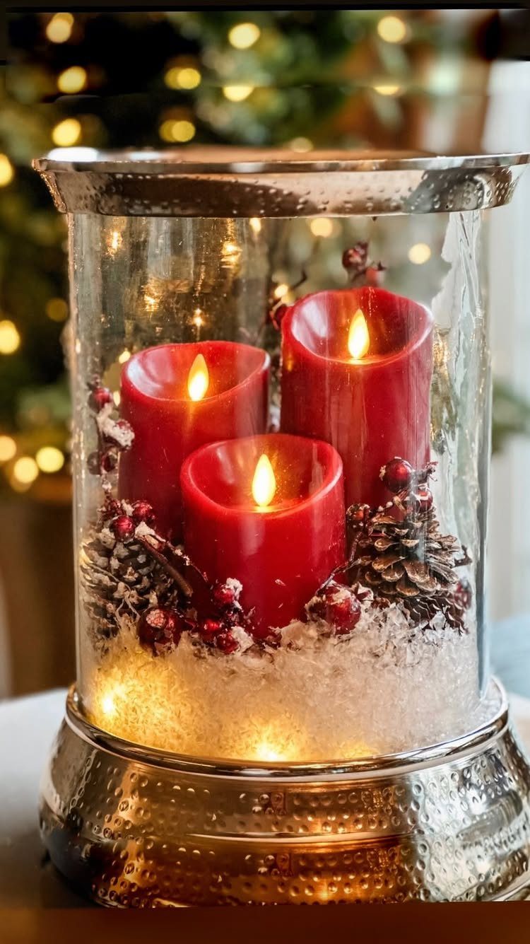 Decorating for Christmas: 12 Ideas That Work in Real Rooms 6 Three red flameless candles glowing inside a glass lantern filled with snow, pinecones, and berries.