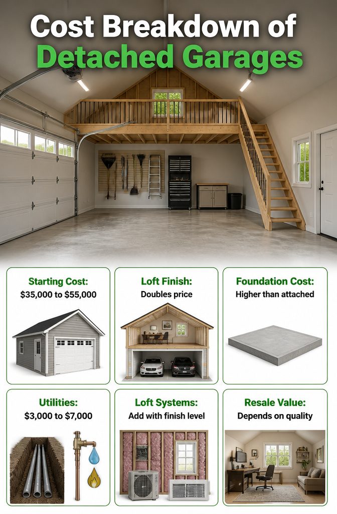 Detached Garage With Loft: Sizes, Layouts, and Uses 12 A graphic displaying the cost breakdown of detached garages.