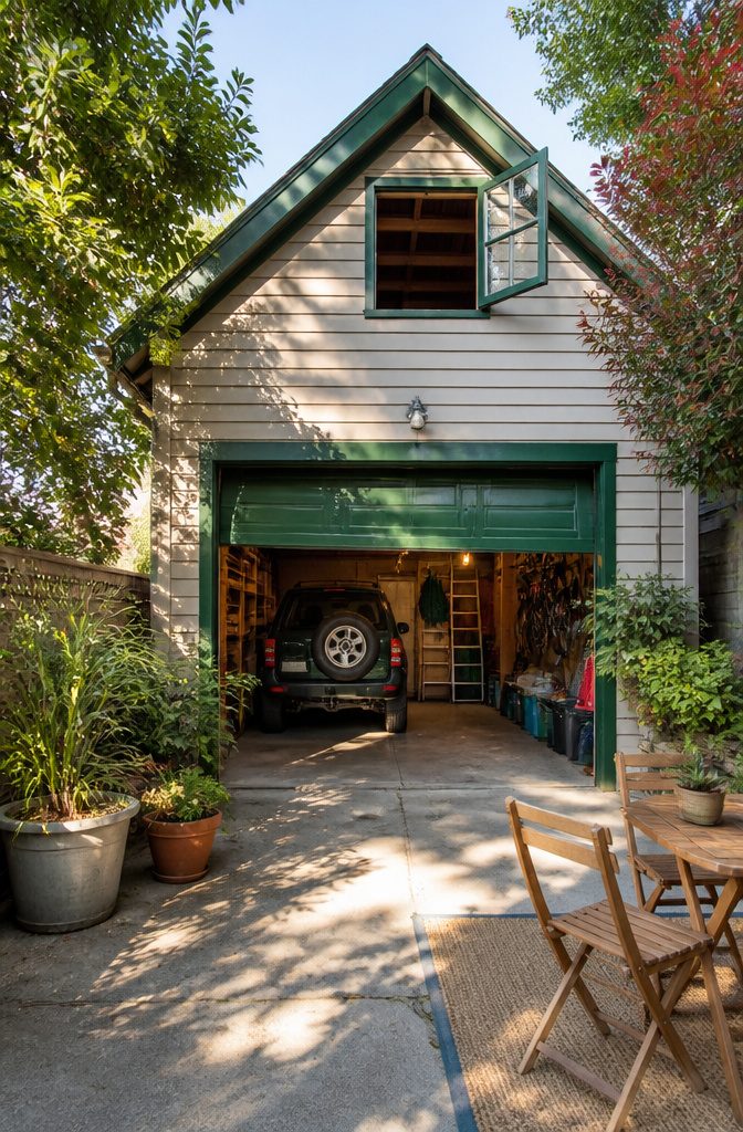 Detached Garage With Loft: Sizes, Layouts, and Uses 4 A single-car garage with a loft and wooden clapboard exterior.
