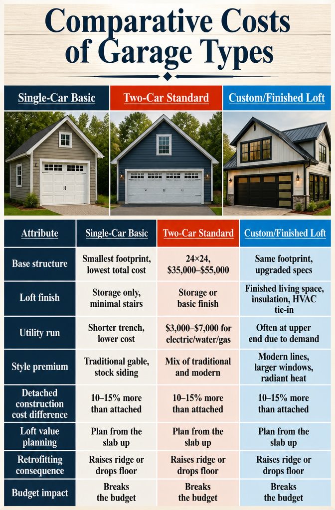 Detached Garage With Loft: Sizes, Layouts, and Uses 8 A chart detailing costs of various garage configurations.
