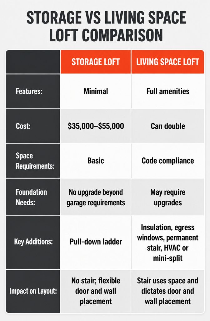 Detached Garage With Loft: Sizes, Layouts, and Uses 7 An infographic comparing storage lofts to living space lofts.