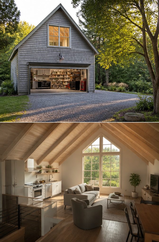 Detached Garage With Loft: Sizes, Layouts, and Uses 2 A two-car garage with loft designed as living space.
