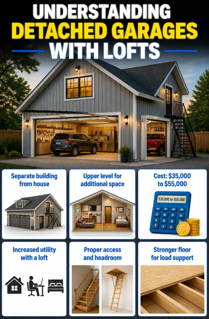 Detached Garage With Loft: Sizes, Layouts, and Uses 1 An infographic explaining detached garages with lofts.