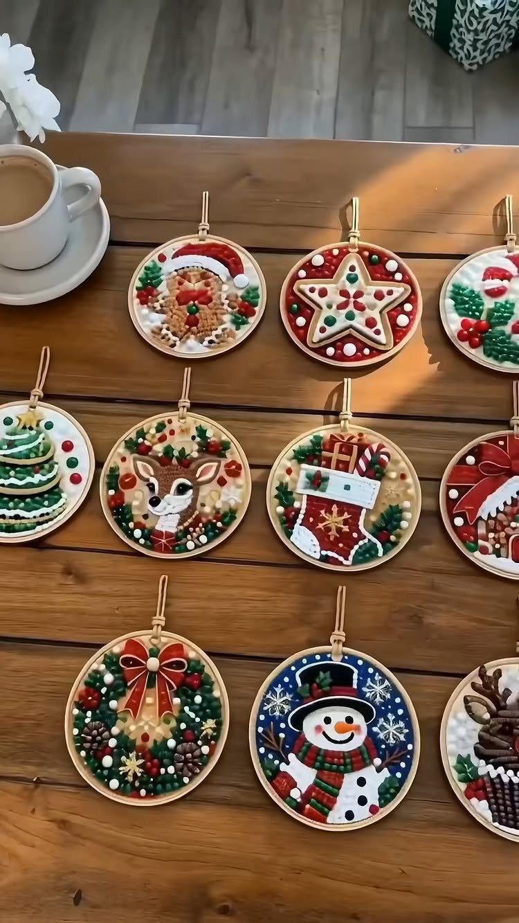 Various round Christmas ornaments with beaded designs laid out on a wooden table surface.