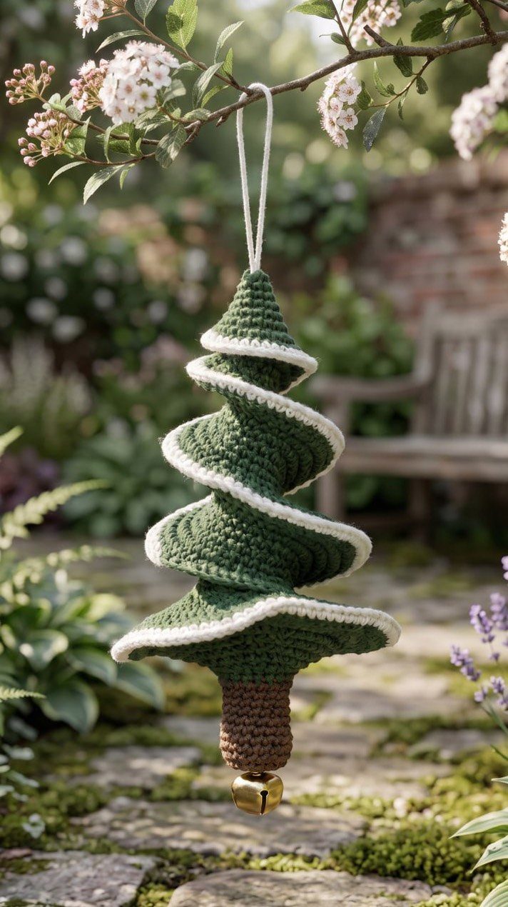 A green and white crocheted Christmas tree ornament hanging from a flowering garden branch.