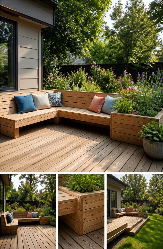 A deck with an L-shaped built-in bench and planters.